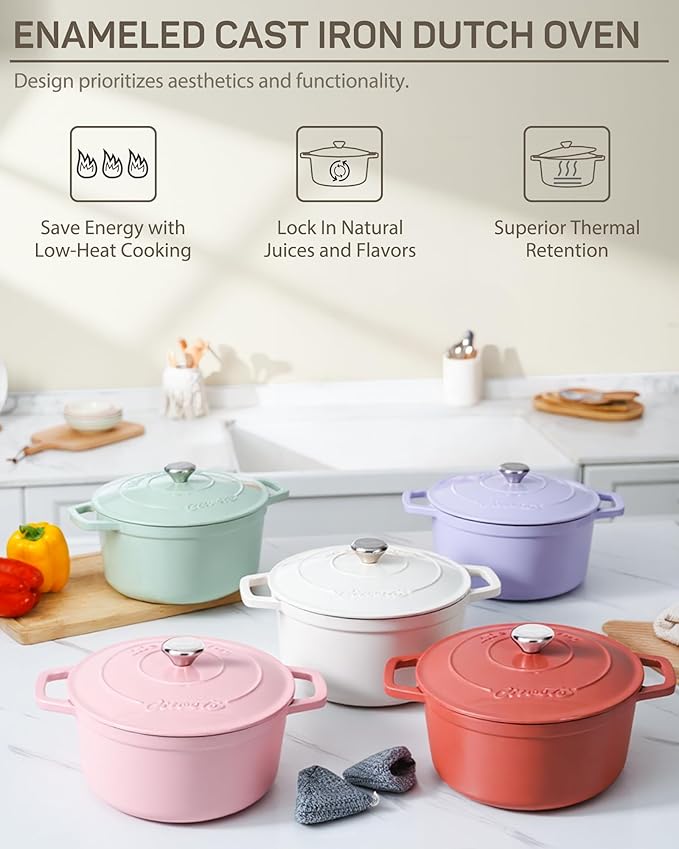 6 QT Dutch Oven Pot with Lid, Enameled Cast Iron Dutch Oven for Bread Making, Braiser, Cooking, Dual Handles, Oven Safe up to 500° F or on Stovetop, Gifts for Family - Off White