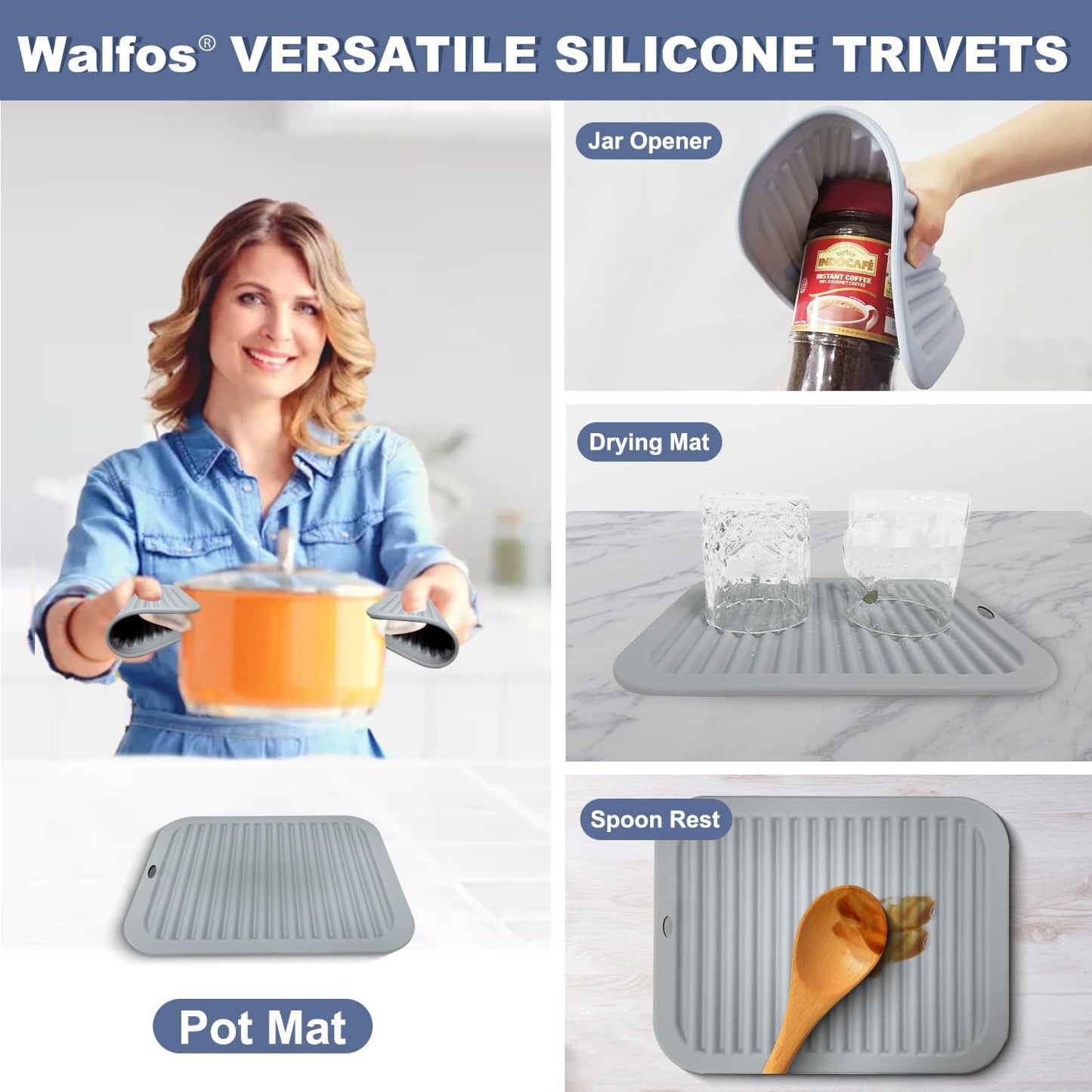 Walfos Silicone Trivets for Hot Pots and Pans - Heat Resistant Hot Pads for Kitchen Counter- Multi-Purpose & Versatile Trivet Mat - Long-Lasting & Flexible Silicone Hot Pad