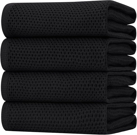 Homaxy 100% Cotton Oversized Waffle Weave Kitchen Dish Towels, Ultra Soft Absorbent Quick Drying Cleaning Towel, 20 x 28 Inches, 4-Pack, Black
