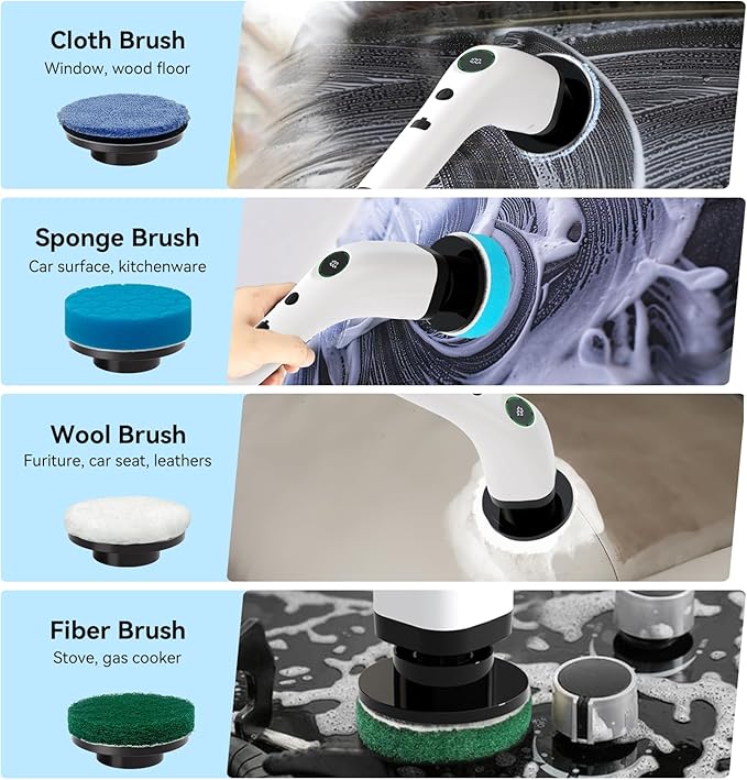 Electric Spin Scrubber, Cordless Cleaning Brush Scrubber with Battery LCD Display for Bathroom, Kitchen and Home, Adjustable Extension Handle, Full Body Waterproof IPX7, 8 Replaceable Brush Heads