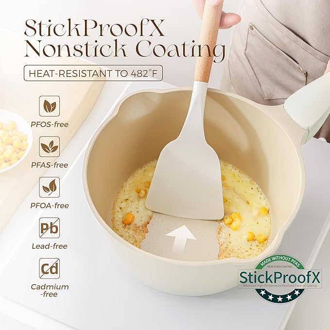 PRICUSIS Ceramic Nonstick Saucepan with Lid, 2 Quart Non Toxic Pot with Pour Spouts, Full Coated, 100% Dishwasher Safe, Induction Compatible & Oven Safe, PTFE PFAS & PFOA Free, Coconut White