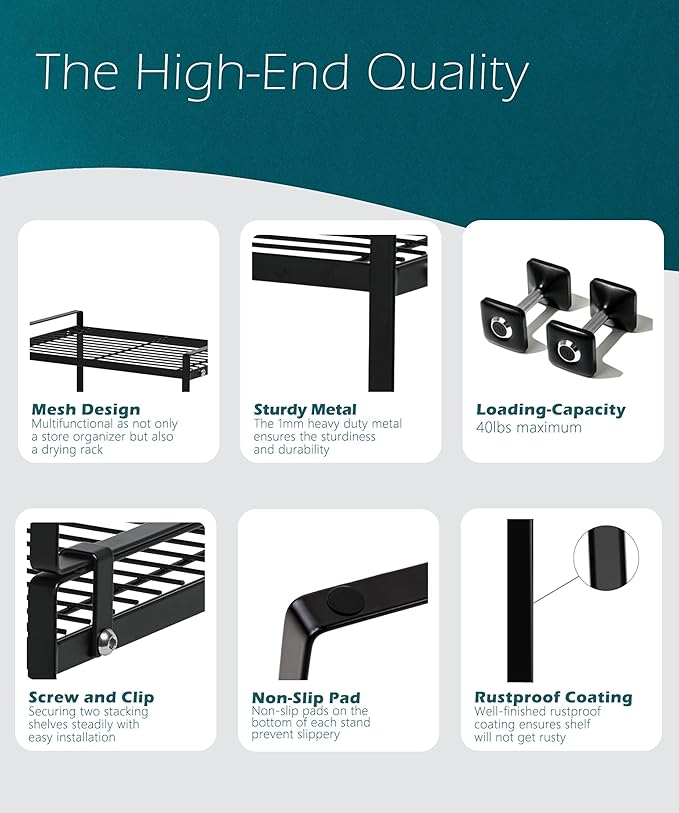 2 Pack Kitchen Cabinet Shelf Counter Organizer Rack Pantry Storage Bathroom Bedroom Office Table Desk Space Saving Steel Frame Stackable Rust Resistant Non Slip Black