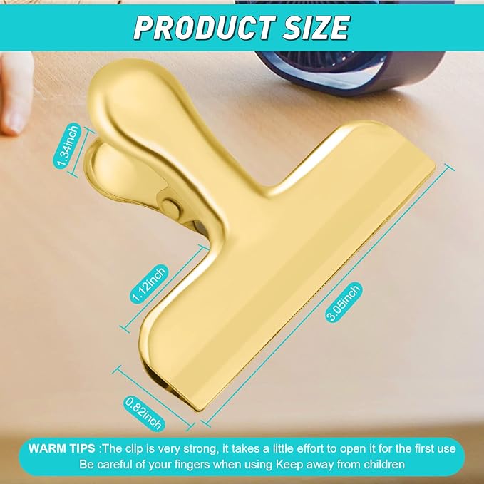 Funfery 8 Pack 3 Inch Stainless Steel Gold Chip Clips Bag Clips Large Clip for Food Packages,Strong Kitchen Food Clip for Snack,Chips,Home&Office Paper Heavy Duty