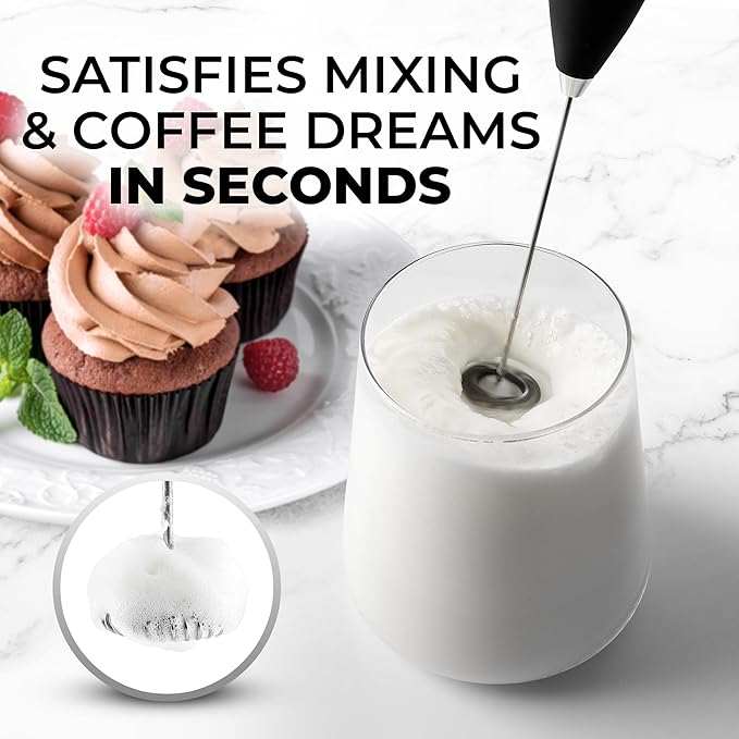Zulay Kitchen Powerful Milk Frother Wand With 2 Duracell Batteries - Ultra Fast Handheld Drink Mixer - Electric Whisk Foam Maker for Coffee, Lattes, Cappuccino, Matcha, Hot Chocolate & Creamer - Black
