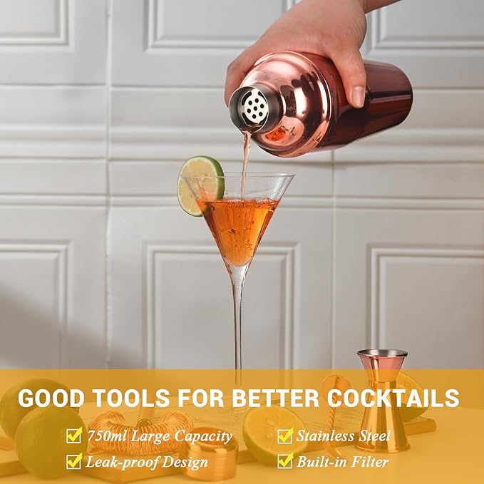 Bartender Kit Cocktail Shaker Set, Stainless Steel Cocktail Kit with 12 Piece Bar Accessories, 25oz Shaker Bar Set Drink Mixer Set with Stand Jigger Strainer Spoon Muddler for Cocktails (Rose Gold)