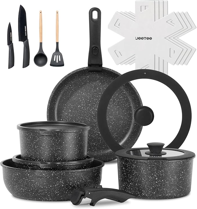 JEETEE Pots and Pans Set Non Stick 19pcs, Kitchen Cookware Sets with Detachable Handle, Induction Nonstick Cookware Set with Removable Handle, Stackable RV Cookware, Oven Safe, PFOA Free, Black