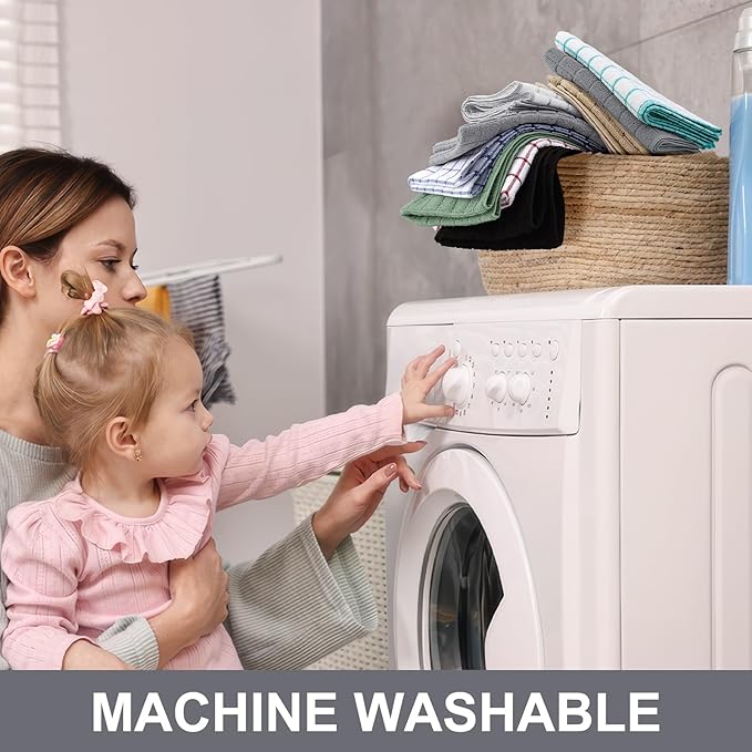 Homaxy Premium Cotton kitchen towels 16"x 28", Large Natural Ring Spun 390 GSM Dish Towels, Super Absorbent Terry Kitchen Hand Towels, Soft Tea Towel with Hanging Loop, Light Grey Check Design, 8 Pack