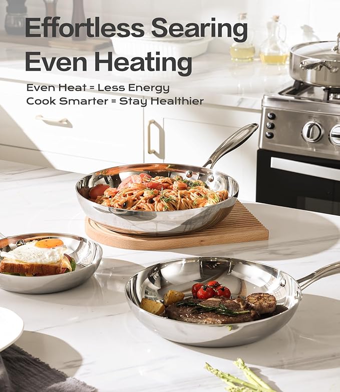 Stainless Steel Frying Pan Sets 6 Piece 8, 10 & 12 Inch with Lids, Oven & Dishwasher Safe Fast and Even Heating Stay Cool Handles Non-toxic PFOA Free Stir Fry Pan Skillets Sets