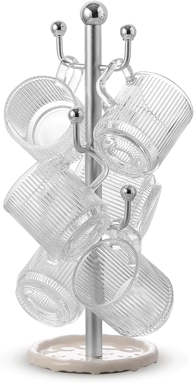 6 High-End Glass Coffee Mugs with Handles and Holders, 12 Ounce Classic Vertical Striped Glass Mug Set, Transparent Tea Cups for Hot and Cold Drinks, American Style, Latte, Cappuccino