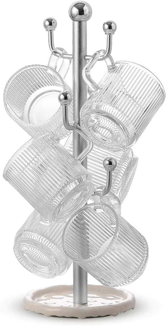 6 High-End Glass Coffee Mugs with Handles and Holders, 12 Ounce Classic Vertical Striped Glass Mug Set, Transparent Tea Cups for Hot and Cold Drinks, American Style, Latte, Cappuccino