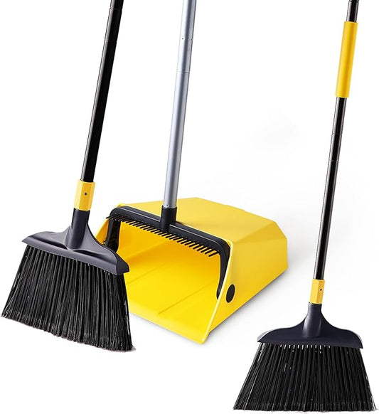 Yocada Commercial Broom and Dustpan Set 2 Plus 1 Set with Comb Commercial Outdoor Indoor for Courtyard Garage Lobby Mall Market Floor Home Kitchen Room Office Pet Hair Rubbish