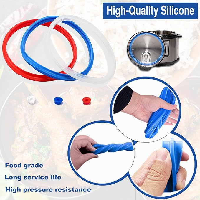 3 Pack Sealing Ring 6 Qt for Instant Pot Sealing Rings for 5/6 Qt Insta Pot, With 3 Float Valve Caps, Food-grade Silicone Instantpot 6Qt Sealing Ring, for Instant Pot 5&6 Qt, Red, Clear and Blue