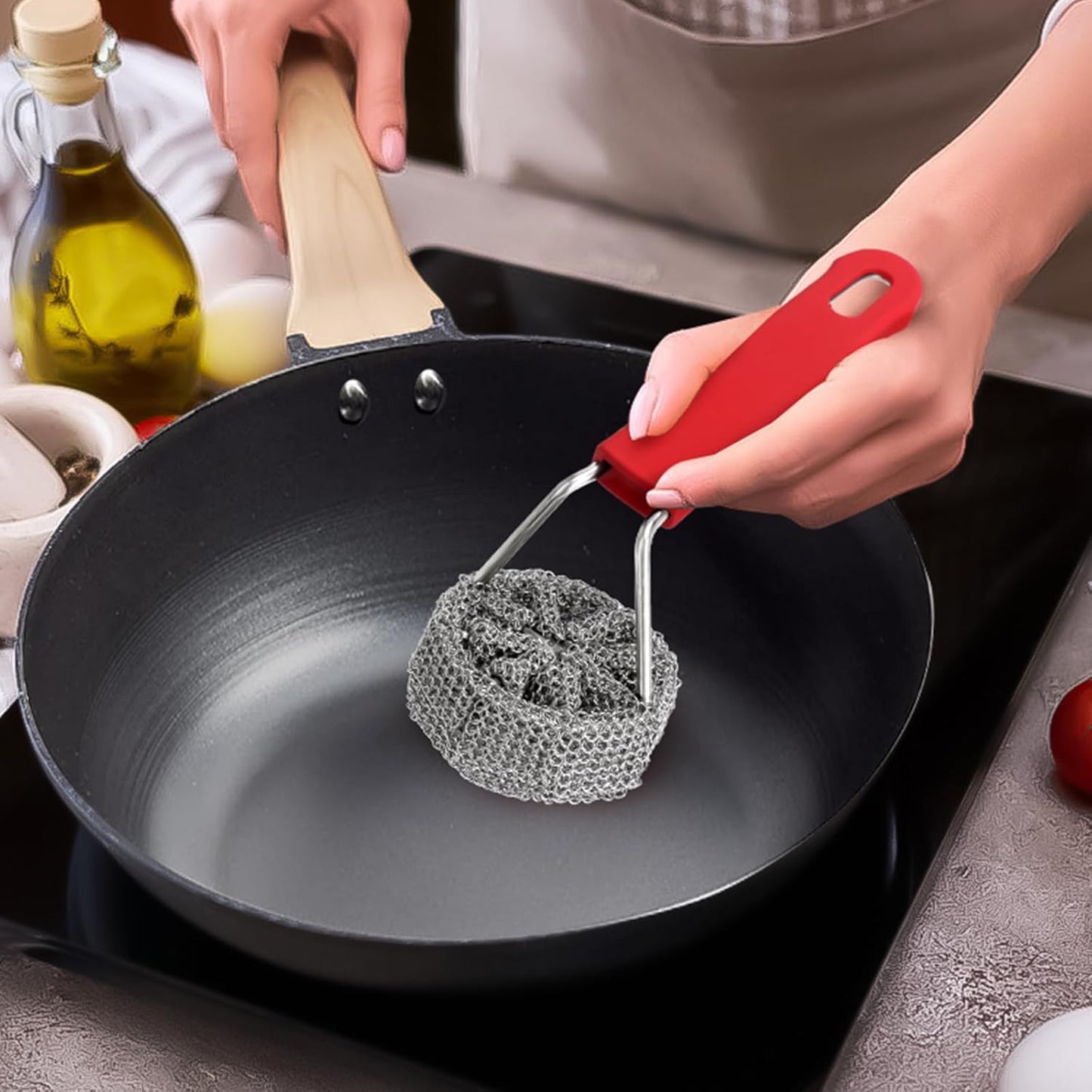 Cast Iron Chainmail Scrubber with Handle - Cleaner for Pans and Pots - Premium Stainless Steel/Silicone Scraper for Skillets - Ergonomic Food-Safe Design - Easy to Clean Cookware Dish Brush