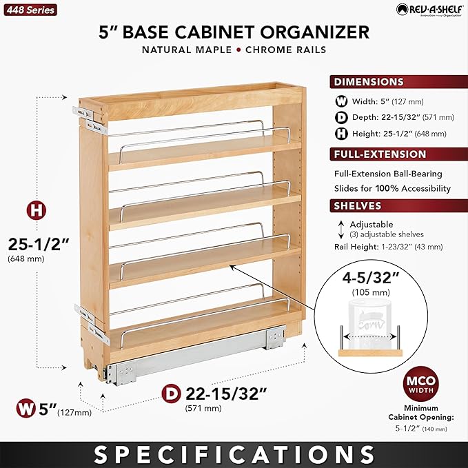 Rev-A-Shelf 5" Pullout Kitchen Cabinet Storage Organizer Slide Out Pantry Spice Rack with Adjustable Shelves for 5.5" W Cabinet Opening, 448-BC-5C