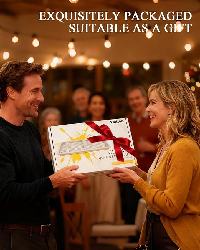 Nonstick Ceramic Baking Sheet with Rack, 2-Pack 13x9 Quarter Sheet Pan, Non-Toxic, PTFE & PFOA Free, Warp-Free, Oven Safe 550°F, Dishwasher Safe, Aluminized Steel, Gray Yellow（External 10x14）