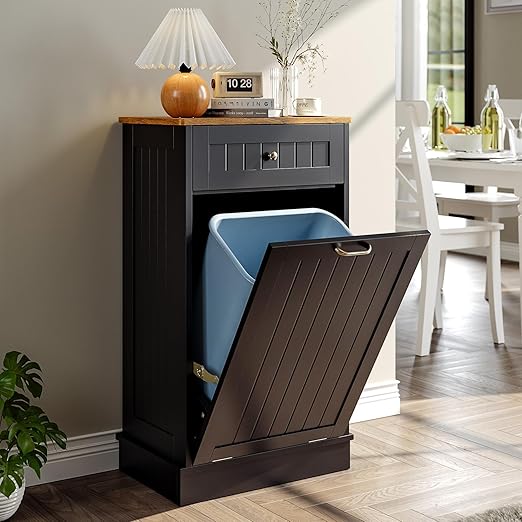 Tilt Out Trash Bin Cabinet Dog Proof Trash Can Holder Kitchen Island Without Garbage Bin or Tilt Out Laundry Hamper (Black)