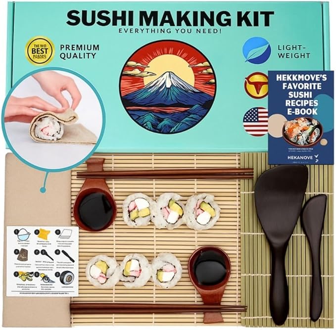 No Plastic Premium Sushi Making Kit for Home, for Beginners or Pro Sushi makers. Made of Premium Wood, includes Tea Cloth, Planet-Friendly, Gift and DIY Home Sushi Kit Experience, Circle Fuji box