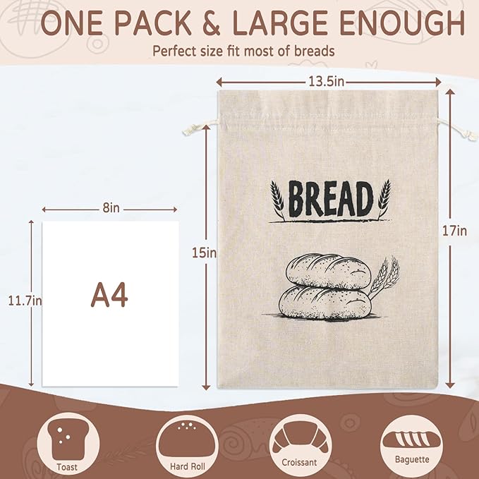 Bread Bags for Homemade Bread, Linen Bread Bag Storage, Reusable Sourdough Bread Bags with Plastic Liner, Drawstring Bread Container for Toast, Loaf,Sandwich Fresh Longer