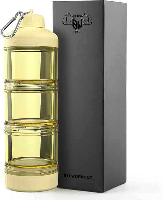 BYLWORKOUT 3-Layer Protein Powder Travel Container with Funnel and Keychain | Portable Food Storage Organizer for Gym, Fitness, Kitchen, Camping, Hiking, and Travel (Yellow)