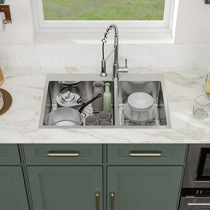 Logmey 33 Inch Double Bowl Drop-In Kitchen Sink 33x22x9 Inch 60/40 Nano Coating Stainless Steel 16 Gauge Handmade Topmount Kitchen Sink