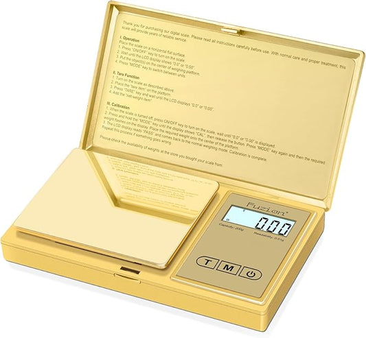 Fuzion Gram Scale, 200gx0.01g Digital Pocket Scale Gold Titanium Plating, High Precision Small Scale, 6 Units Jewelry Scale with Back-Lit LCD, Tare Function for Food, Powder, Herb, Arrow, Travel