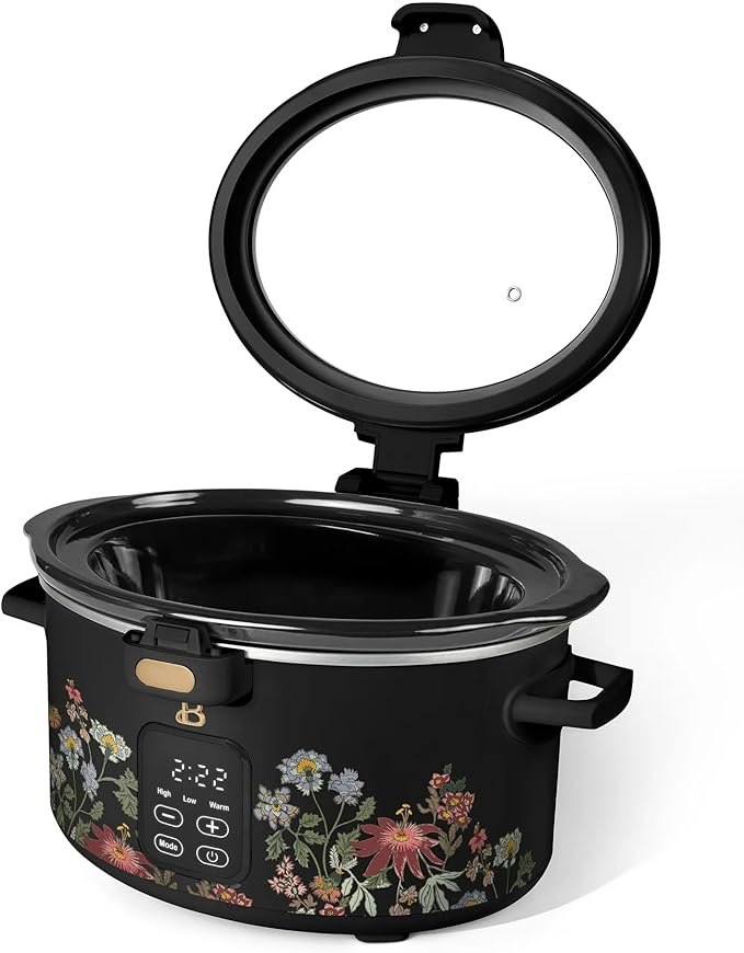Beautiful 4-Qt Programmable Slow Cooker with Hinged Locking Lid & Touch Display – 3 Heat / 4 Timer Settings (Wildflower Black)