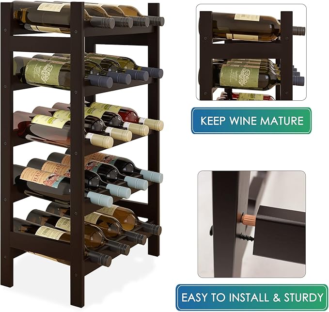 SMIBUY Bamboo Wine Rack, 20 Bottles Display Holder, 5-Tier Free Standing Storage Shelves for Kitchen, Pantry, Cellar, Bar (Dark Brown)