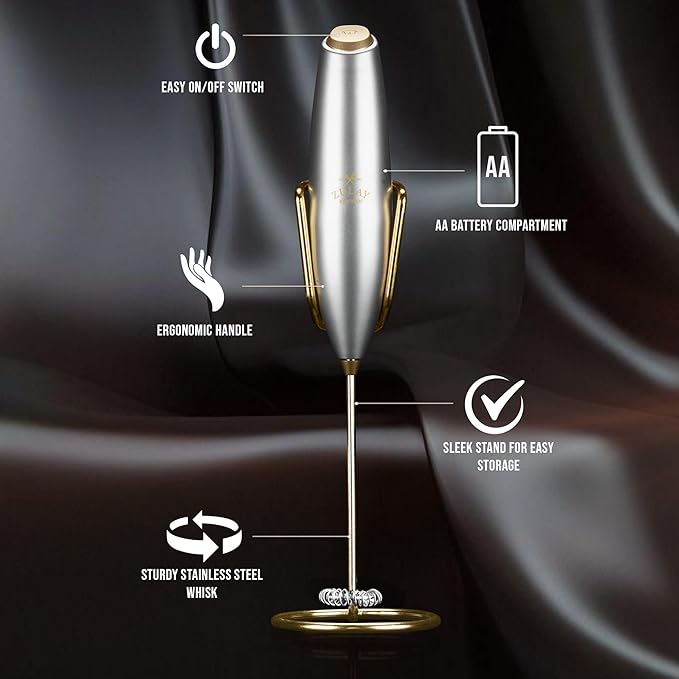 Zulay Kitchen Executive Series Luxury Gift Milk Frother with 4 Duracell Batteries – Handheld Electric Foam Maker for Coffee, Lattes & Hot Chocolate – Deluxe Finish, Ultimate Gift for Coffee Lovers