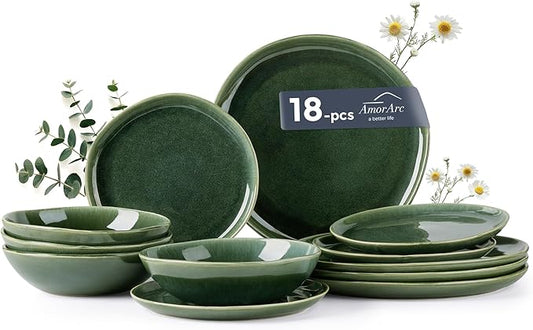 AmorArc Ceramic Dinnerware Sets,Handmade Reactive Glaze Stoneware Plates and Bowls Set,Highly Chip and Crack Resistant | Dishwasher & Microwave Safe Dishes Set,Service for 6 (18pc)