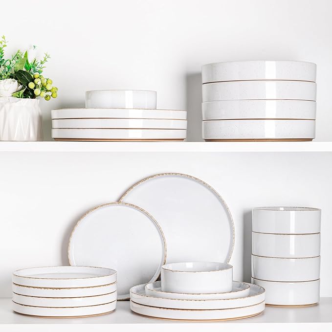 AmorArc Ceramic Dinnerware Sets for 6, 18 Pieces Handpainted Plates and Bowls Set with Rustic Terracotta Underside, Scratch Resistant Stoneware Dishes Set, Dishwasher & Microwave Safe