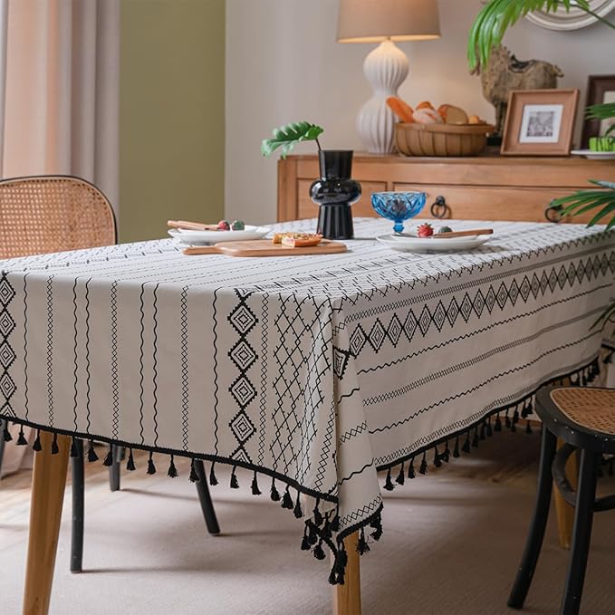 Cotton Linen Table Cloths Boho Farmhouse Heavy Fabric Table Cover Burlap Striped Washable Table Top For Parties Coffee Kitchen Picnic White Black Tassels(Rectangle/Oblong, 55" x 102"(8-10 Seats)
