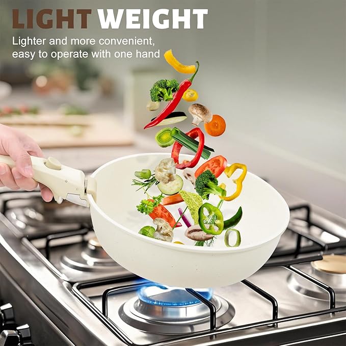 Numola 10 pcs Pots and Pan Set Non Stick with Detachable Handle, Ceramic Cookware Set for Stackable, Induction Kitchen Cookware Set for RV, Dishwasher ＆ Oven Safe, Cream White