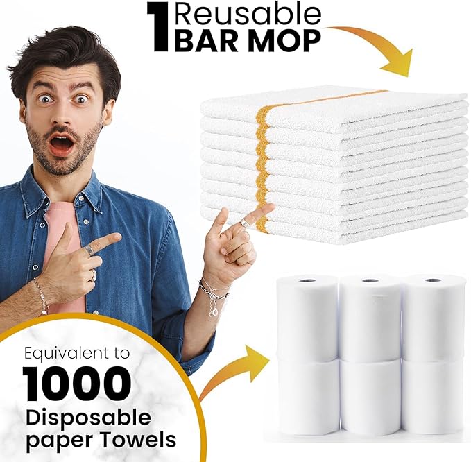 Bar Mops Gold Stripe Pack of 60 Kitchen Towels 16x19 Multi-Purpose for Home, Restaurant and Cleaning White Absorbent Washcloth Dishcloths Sets, Reusable Dish, Cloths Rags