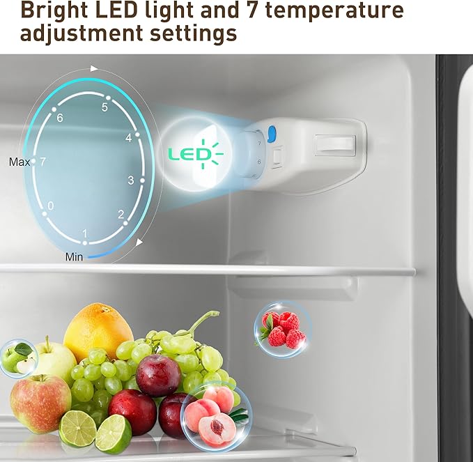 Mini Fridge with Freezer, 3.2 Cu. Ft. Double-Door Small Refrigerator with Adjustable 7-Level Thermostat & Separate Freezer, Dorm Fridge Compact for Kichen, RV, Office, Apartment, Wood