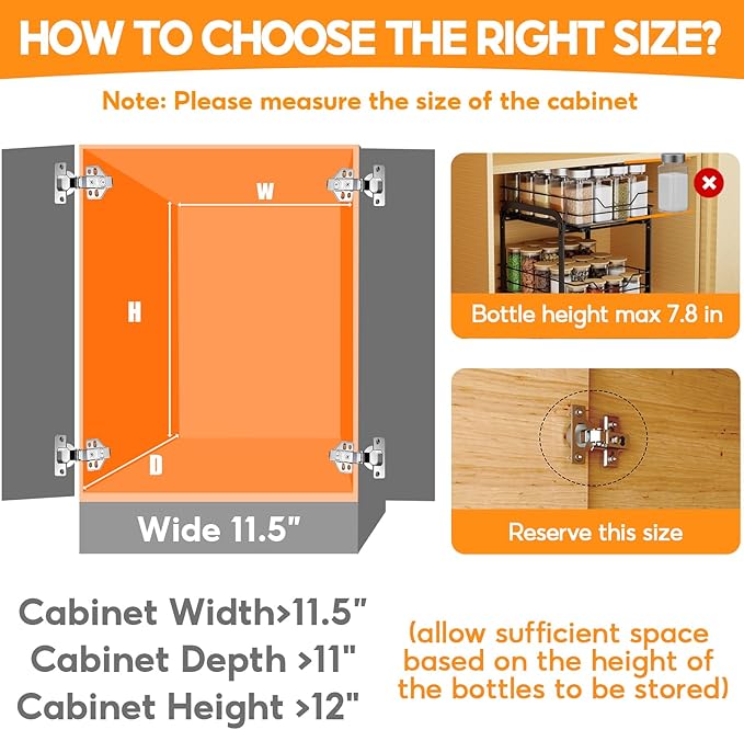 Spice Rack Organizer for Cabinet, 2 Tier Pull Out Spice Rack – Heavy Duty Metal Spice Organization for Cabinet, 50-Jar Capacity, Height Adjustable Cabinet Organizer (11.5W" X 10.5"D X 9"H, Black)