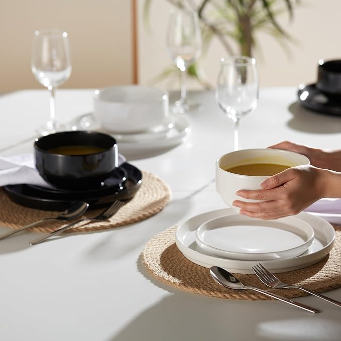 Ceramic Dinnerware Set, 12-Piece Service for 4, Soup Bowls (31.5 oz), Salad Plates (7.5"), Dinner Plates (10.5"), Round, Microwave and Dishwasher Safe, Black, Cambridge Classics