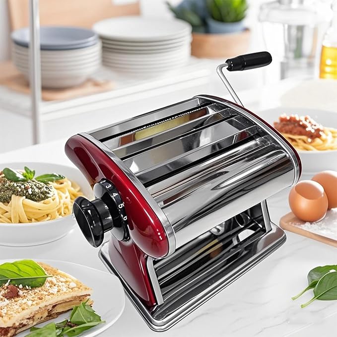 Manual Pasta Maker Machine – Stainless Steel Noodle Roller with Built-in 2mm & 4mm Cutters for Homemade Pasta, Lasagna, Fettuccine (Red, 2mm +4mm)