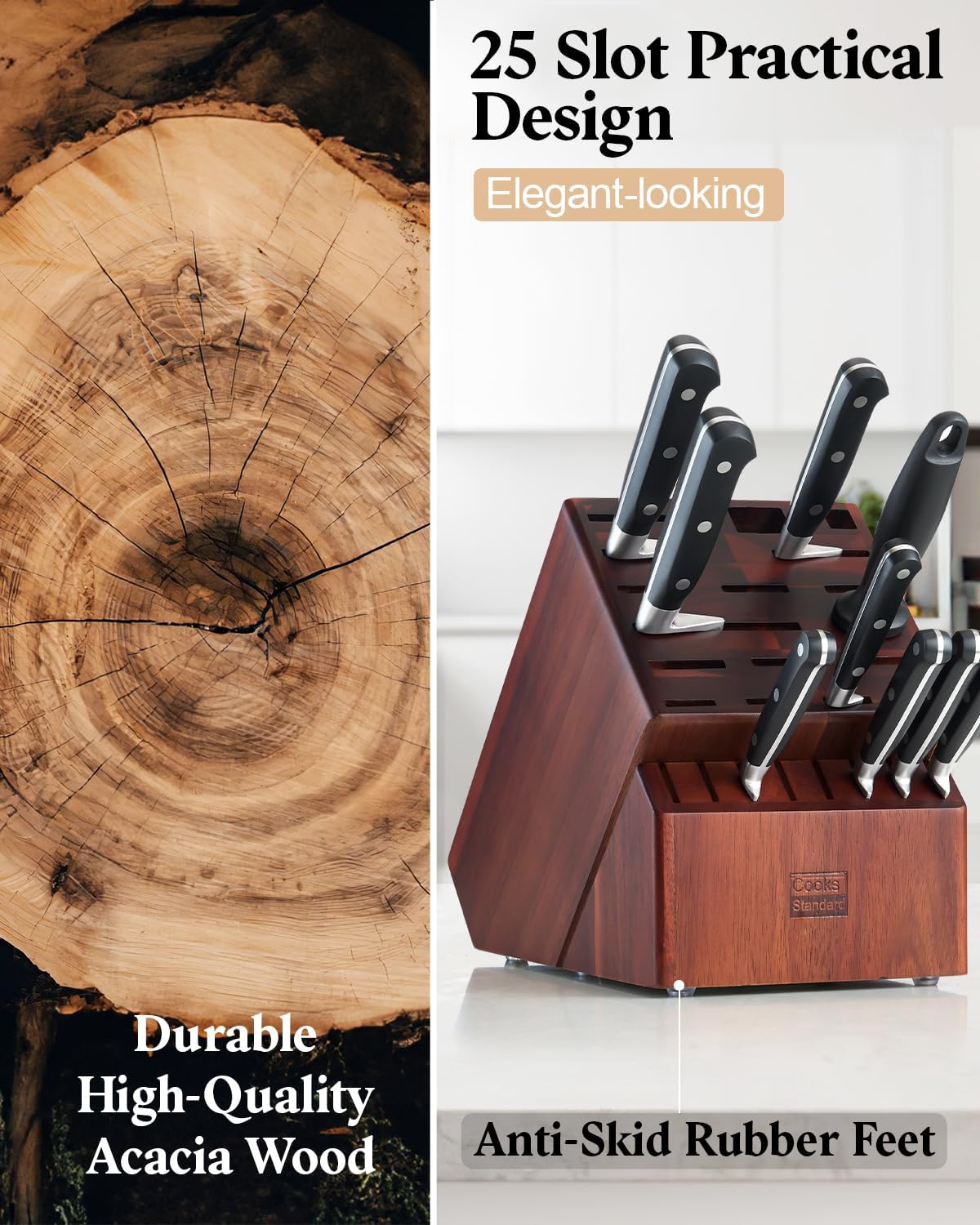 Cooks Standard Acacia wood Knife Block Holder without Knives, 25 Slot X-Large Universal Countertop Butcher Block Kitchen Knife Stand for Easy Kitchen Storage