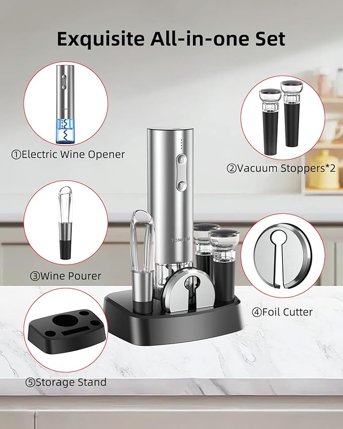 TOMEEM Electric Wine Opener Set - Rechargeable Wine Bottle Opener with Vacuum Stoppers,Wine Pourer, Foil Cutter,and Storage Stand - Ideal Wine Accessories & Wine Gift Set for Wine Lovers
