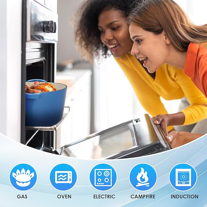 LIFERUN 6 Qt Enameled Cast Iron Dutch Oven Pot with Lid，Oven Safe up to 500° F, Heavy-Duty Non-Stick Dutch Oven with Dual Handles for Bread Baking, Fry Foods, Braising, Stews, Roasting (Blue)