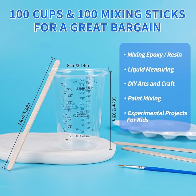 100-Pack Clear Plastic Measuring Cups – Graduated Disposable Mixing Cups for Paint, Resin, Epoxy & Kitchen Use | Durable, Leak-Resistant & Precise Cups for DIY, Crafts, Baking & Labs