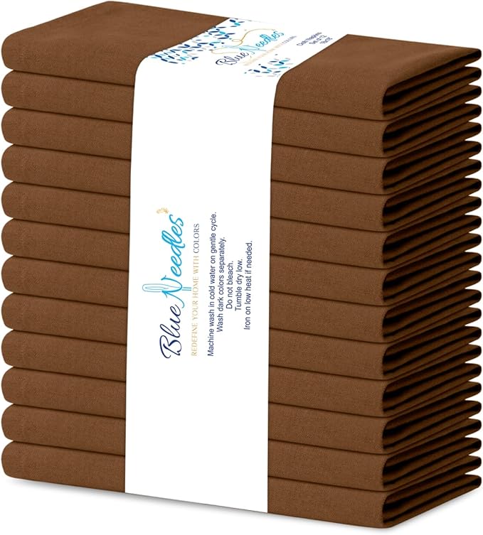 Blue Needles Solid Cloth Napkins Set of 12 Nut Brown 100% Cotton Dinner Napkins 18x18 inches - Soft, Reusable, Absorbent & Washable Fall Thanksgiving Linen, Ideal for Events, Parties & Everyday Use