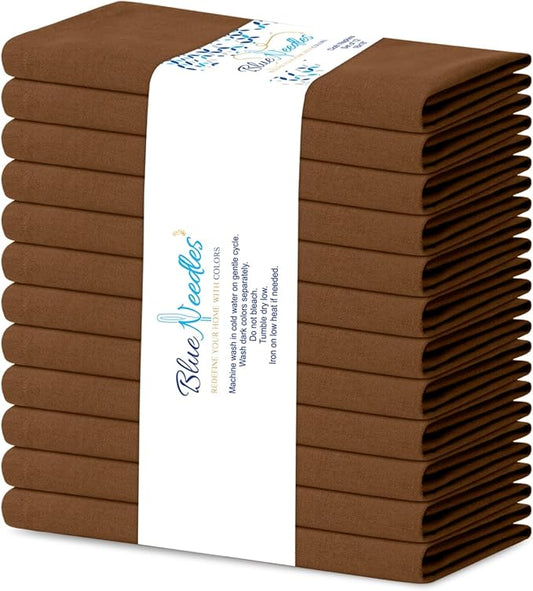 Blue Needles Solid Cloth Napkins Set of 12 Nut Brown 100% Cotton Dinner Napkins 18x18 inches - Soft, Reusable, Absorbent & Washable Fall Thanksgiving Linen, Ideal for Events, Parties & Everyday Use