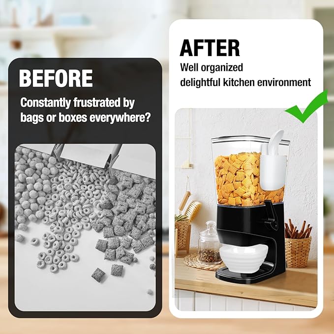 Cereal Dispenser Countertop Wath Bowls and Spoons Cereal Containers Storage for Pantry Snack Organizer Dry Food Storage Container with Lid for Kitchen Organization Oatmeal Nut Granol（Black 2 pack ）