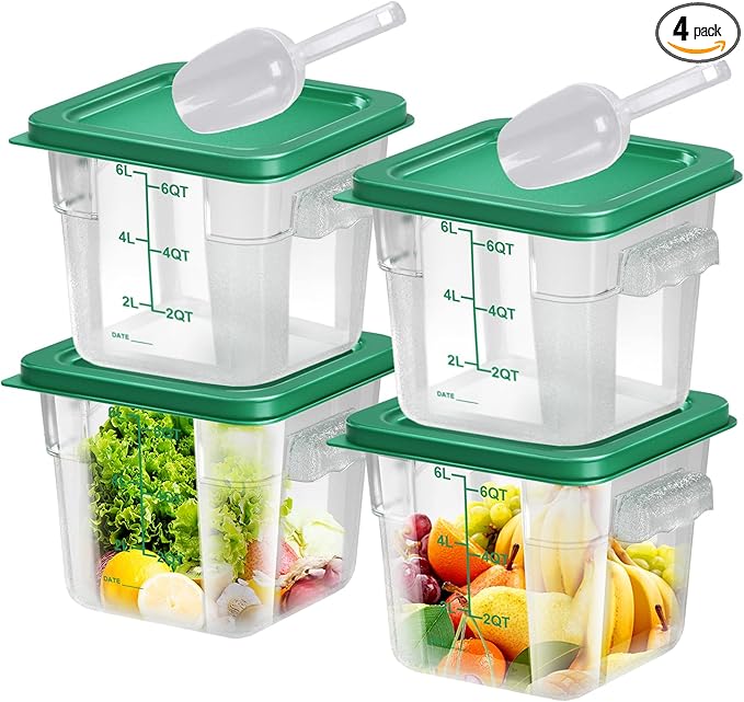 4 pcs 6qt Food Storage Containers with Lid, Square Clear Commercial Storage Containers with Handle and Scale for Food Storage in Home Kitchen & Dining (Green)
