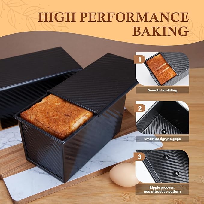 CARTMAN Bread Loaf Pan 2 Pack, 9x4 Pullman Loaf Pan with lid and a Silicone Spatula and Basting Pastry Brush, 1 lb Dough Capacity,Non-Stick Carbon Steel bread pans for homemade bread