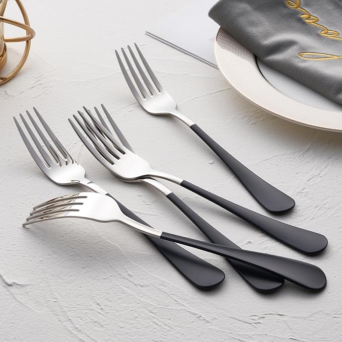 Black Dinner Fork, 18/0 Black handle Stainless Steel Satin Finish 8.1-inch Silverware Flatware Fork Set, Set of 24, Dishwasher Safe
