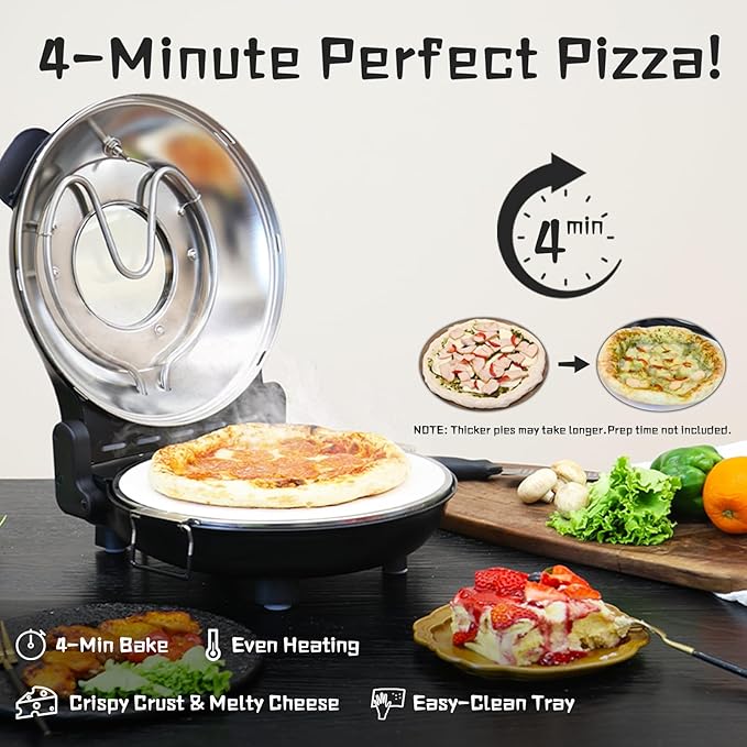 Stone Pizza Oven, 12'' Indoor Electric Pizza Maker, 1200W Countertop Pizza Maker Machine with Dual Temp Control, Crispy Crust Pizzas in Minutes, Black