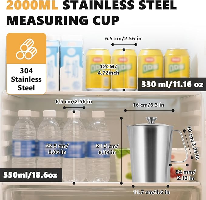 Stainless Steel Measuring Cup with Lid 2L 70 OZ, Large Mouth Graduated Beakers Metal Pitcher with Marking and Handle