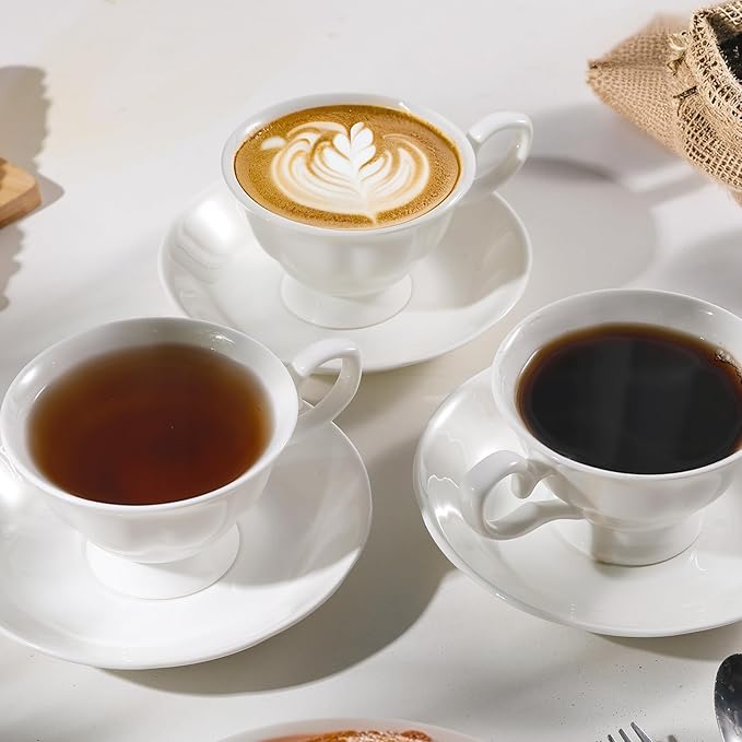 Fine Bone China Coffee Cups with Saucers, Set of 2 Vintage British Royal Style Ceramic Tea Cups, 4 Oz Small Tea Cup and Saucer Set for Afternoon Tea or Gift